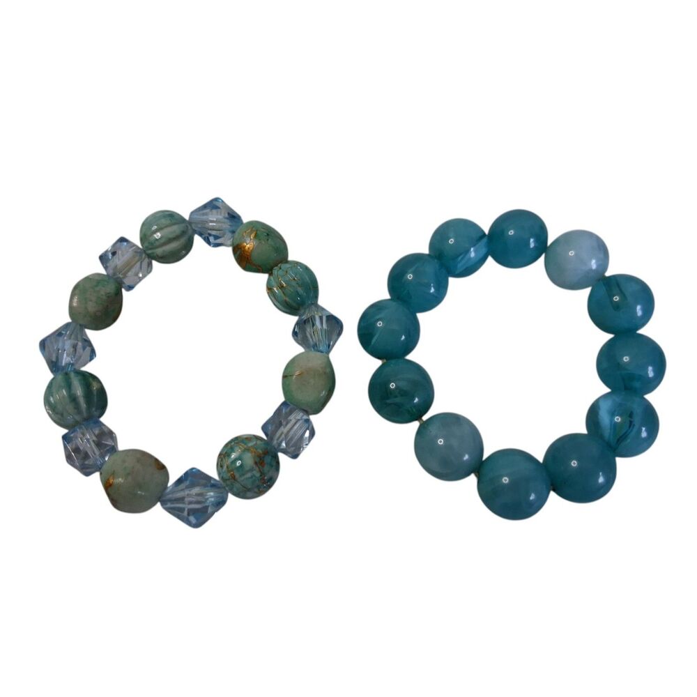Bundle of 2 Turquoise Blue Marbled and Assorted Beads Stretch Statement Bracelet